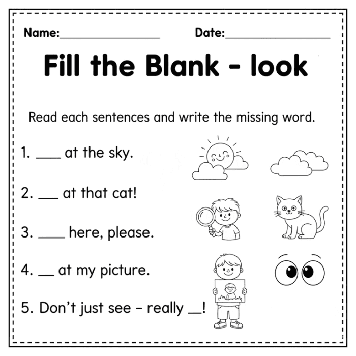 Fill-in-the-blank sight word worksheet designed for first graders to enhance their reading skills