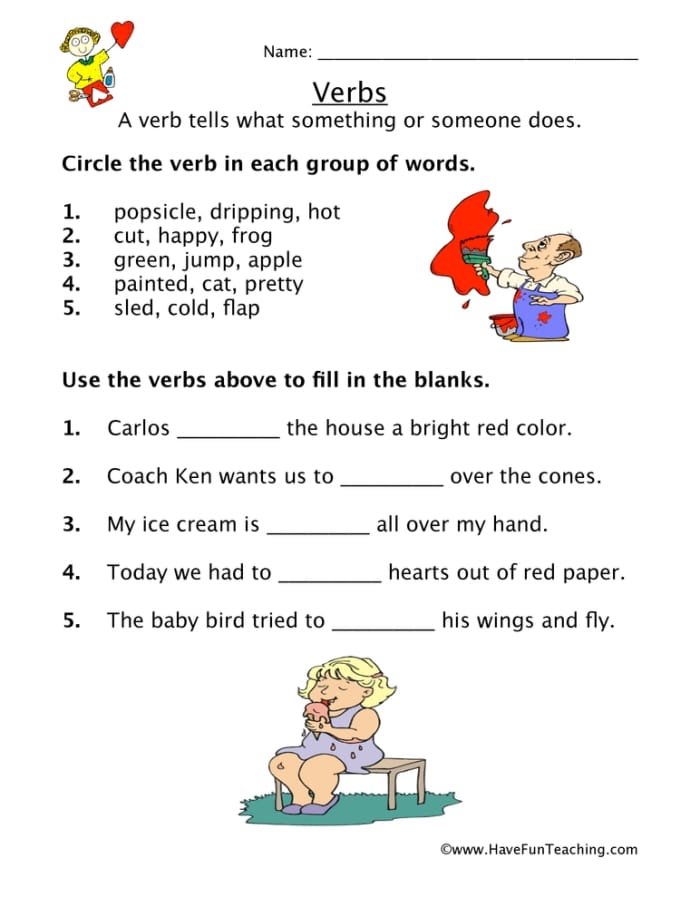 Fill-in-the-blank worksheet designed for first graders to practice verbs. Engaging fill in the verb worksheet for young learners to enhance grammar skills.