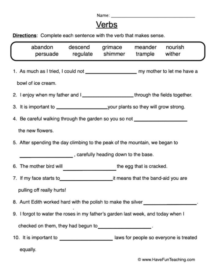 Fill in the Verb worksheet designed for first graders to practice verbs through fun activities