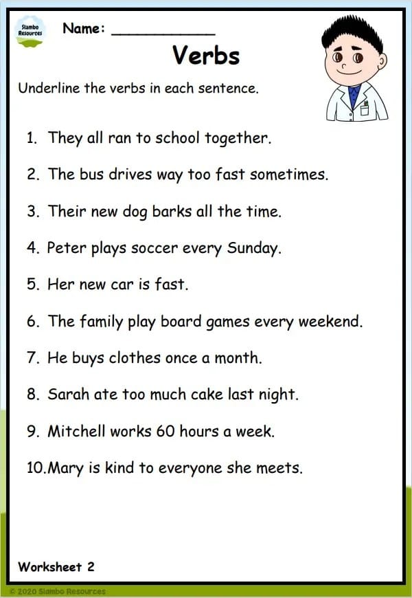 Fill in the Verb worksheet for first graders with blank spaces for students to practice verbs