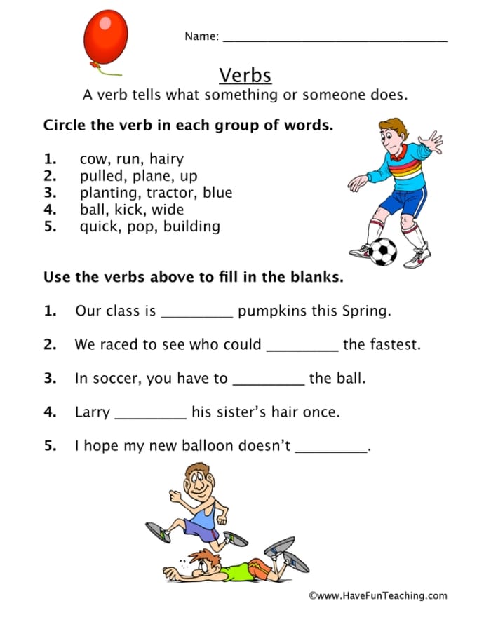 Fill in the Verb worksheet for first graders focusing on verb practice