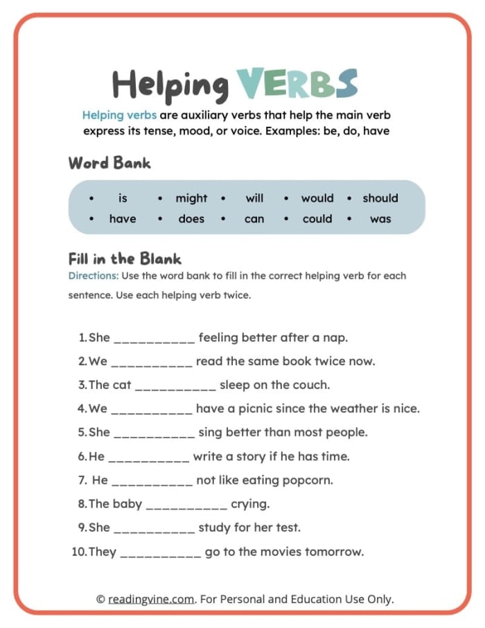 Fill-in-the-blank worksheet designed for first graders to practice verbs