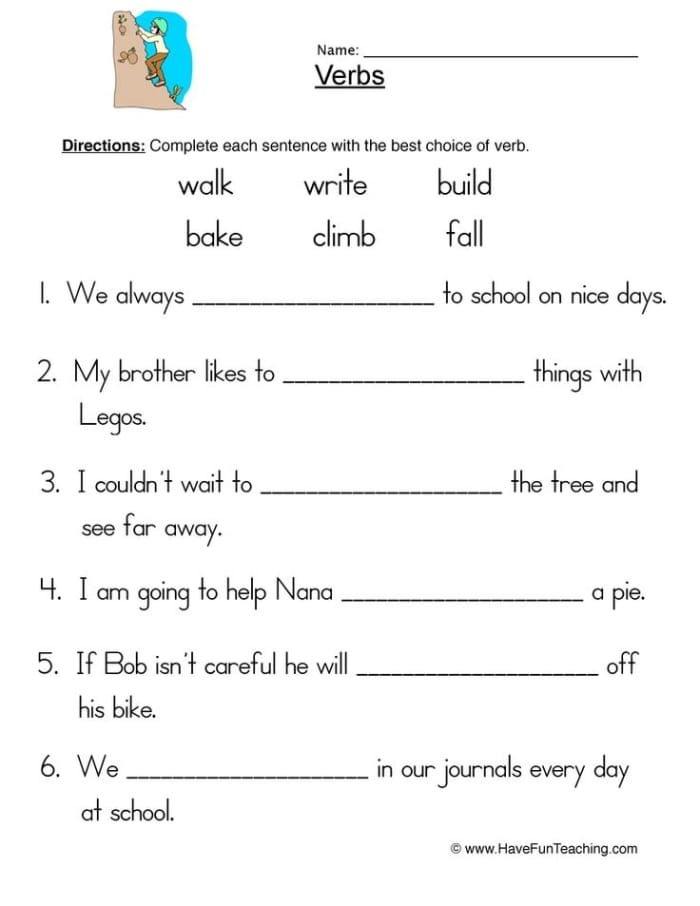 Fill-in-the-blank worksheet for practicing verbs aimed at first and second graders