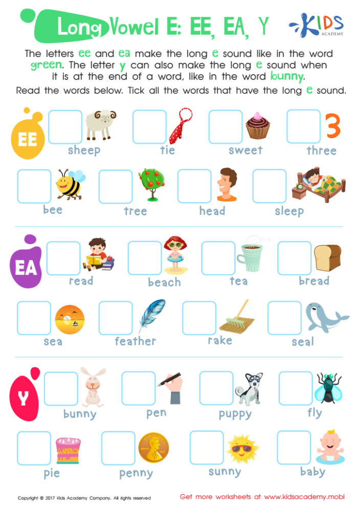 Final /e/: Vowel Sound Change exercise for third graders Worksheet for practicing final /e/ vowel sound in reading and spelling