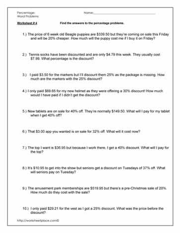 Seventh grade student completing a percent word problems worksheet about financial literacy