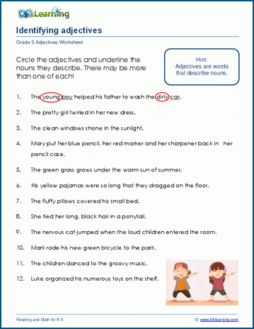 Worksheet for identifying adjectives and nouns in a fun baseball-themed context