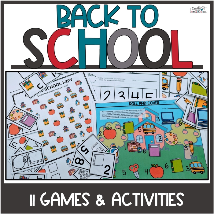 A colorful worksheet featuring a school scene where children can find and circle various school objects