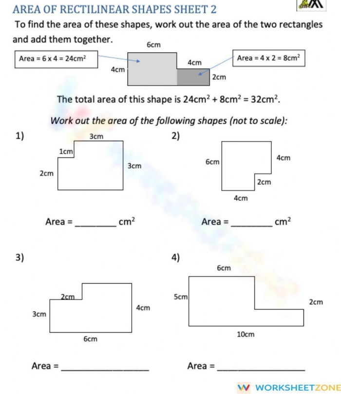 Worksheet for finding the area of compound shapes designed for fourth graders