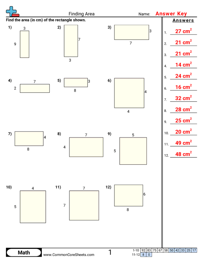 Third grade students calculating the area of six different rooms on a geometry worksheet