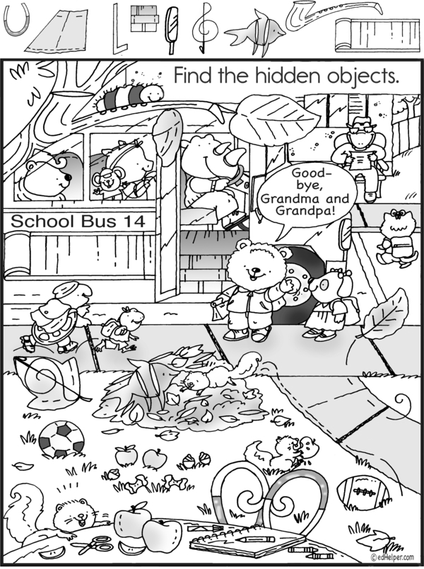 Pre-K geometry worksheet featuring a school classroom scene where children identify and circle various learning objects