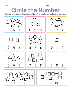 A colorful worksheet for Pre-K children to find and circle school objects in a lively classroom setting