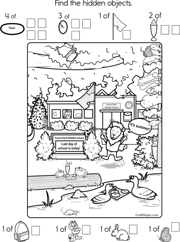 Worksheet featuring a school scene for children to find and circle objects