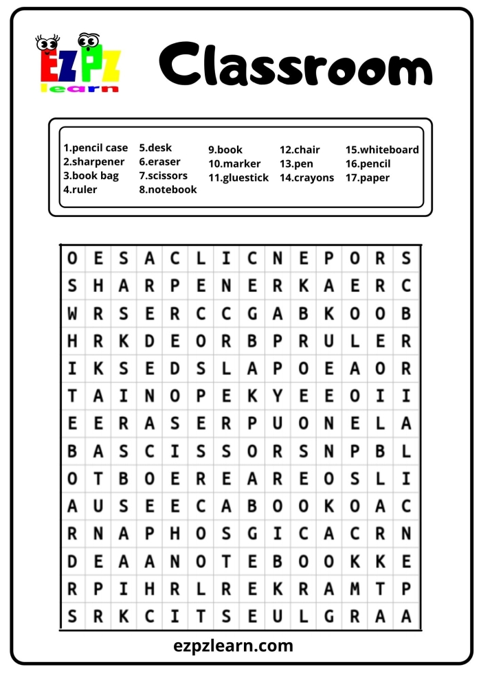 Pre-K geometry worksheet featuring a school scene with hidden objects to find and circle