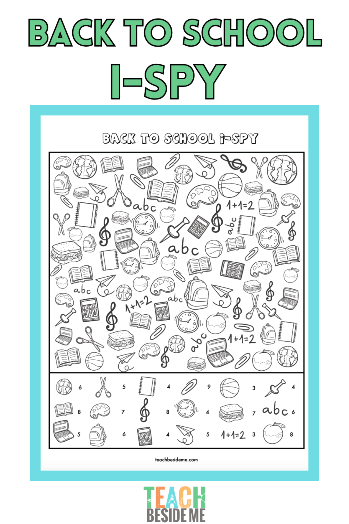 Pre-K worksheet with a classroom scene for children to find and circle school supplies