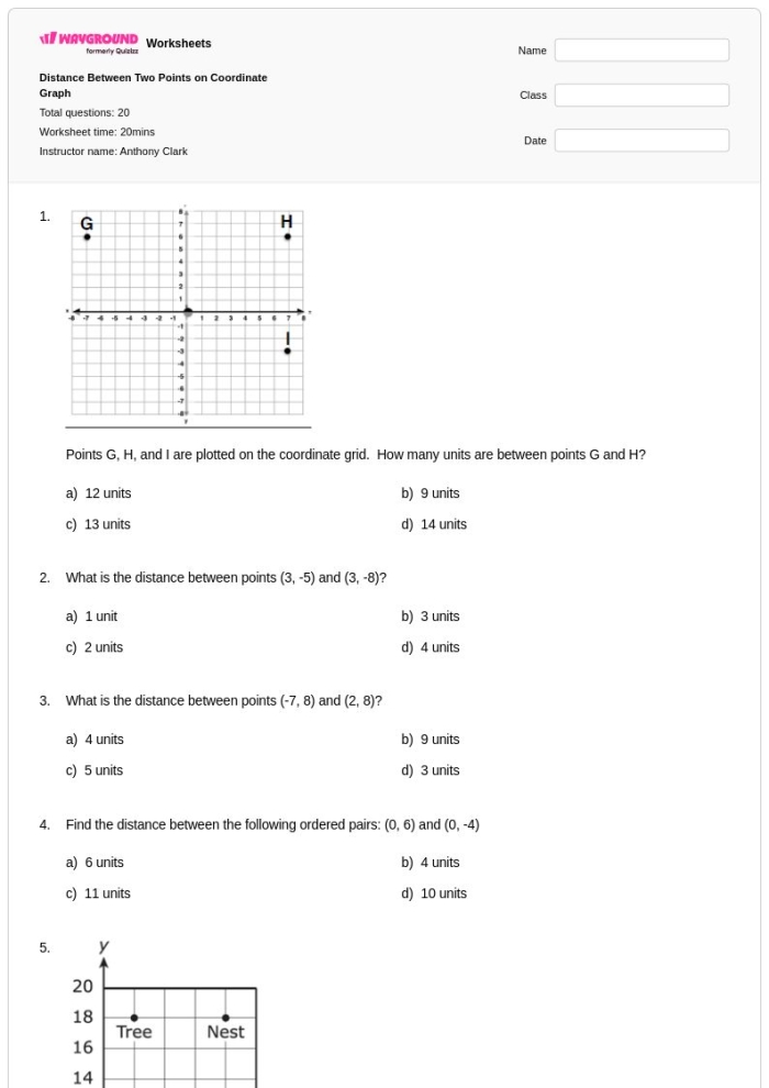 Find the Error Distance Between Two Points Worksheet 10 Eighth grade worksheet featuring a coordinate plane problem to identify errors in distance calculations using the Pythagorean theorem