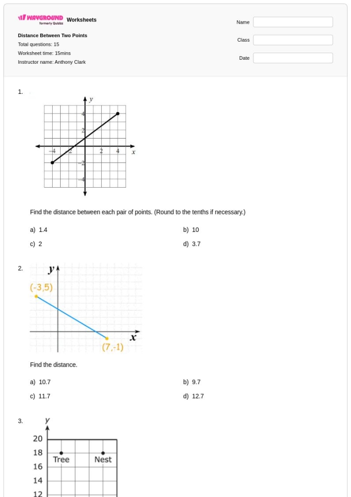 Find the Error Distance Between Two Points Practice Problem 16 Eighth grade math worksheet showing coordinate plane with two points and distance calculation using Pythagorean theorem for students to identify errors