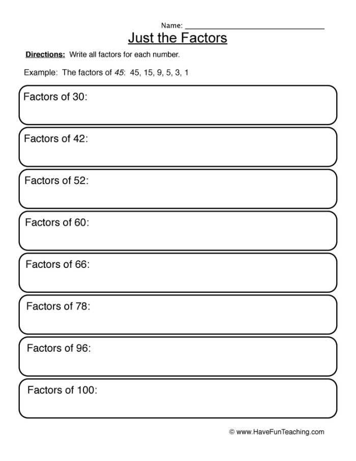 Fourth grade math worksheet for identifying factor pairs of two-digit numbers