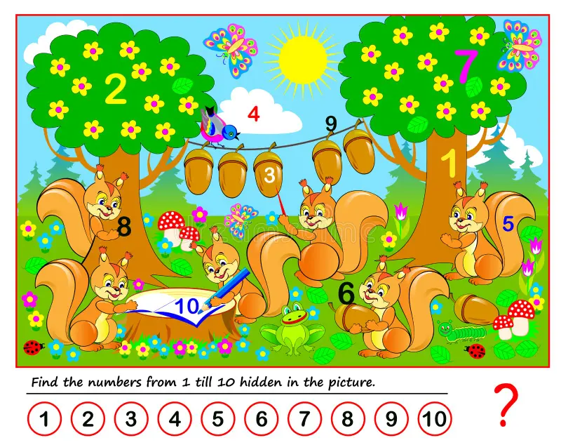 Preschoolers coloring nursery rhyme characters while identifying hidden numbers one through ten on a worksheet