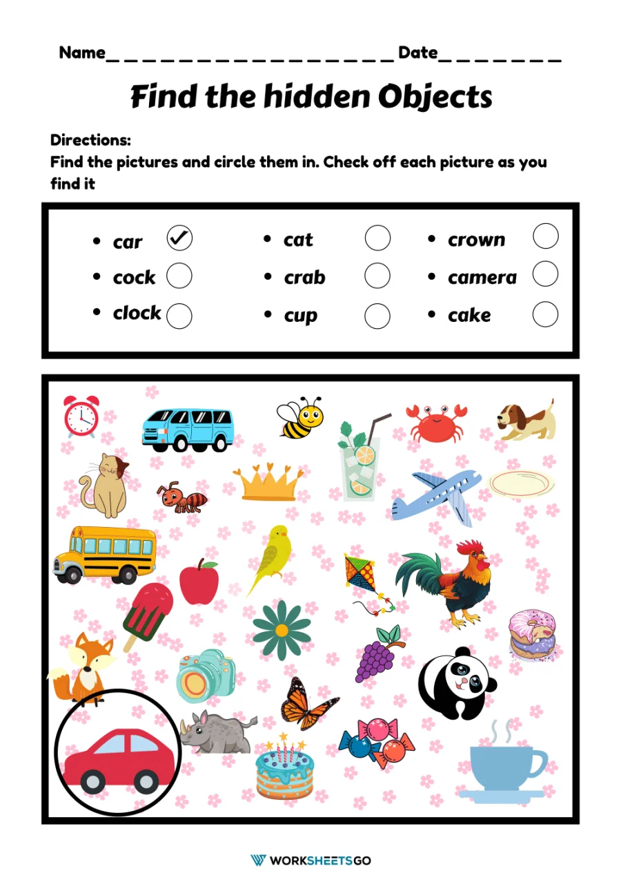 Find the Hidden Objects worksheet 10 activity page Pre-K students search for the ten items hidden within this mixed-up reading worksheet illustration