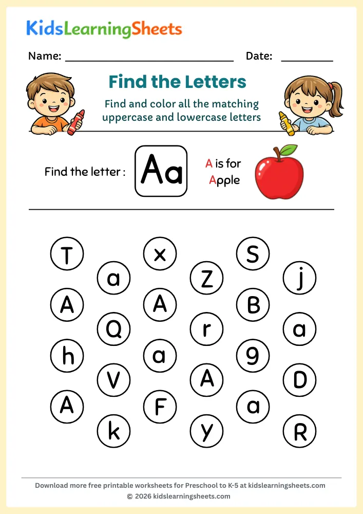 Worksheet image featuring an alligator searching for lowercase a's to enhance letter recognition in Pre-K learners