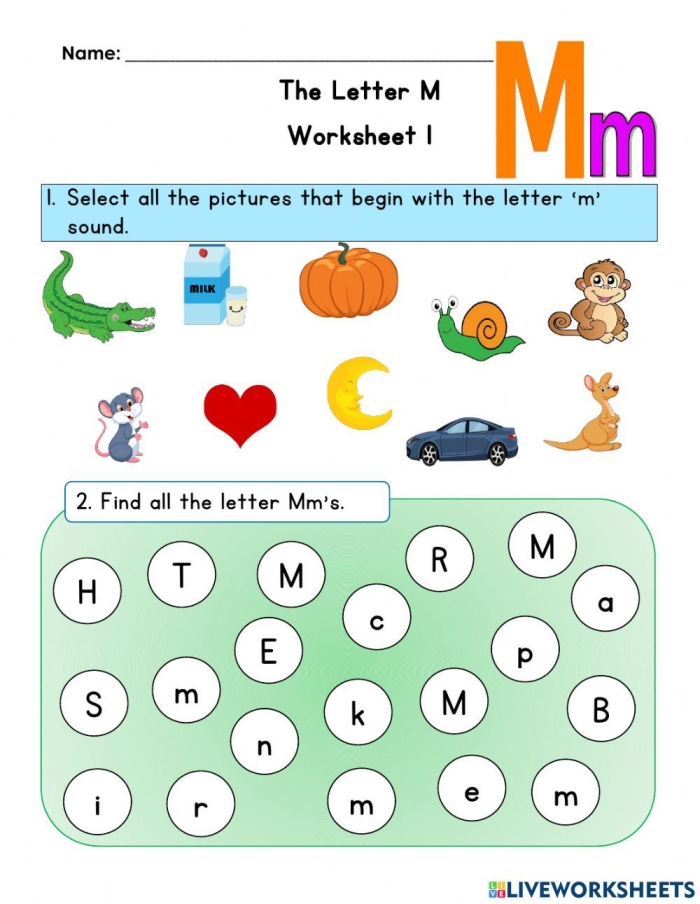 Pre-K student worksheet featuring the Muffin Man nursery rhyme to practice identifying the letter M