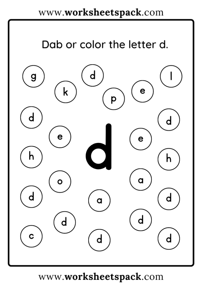 Lowercase d letter recognition activity for Pre-K learners Worksheet for finding lowercase d's with a playful dog theme