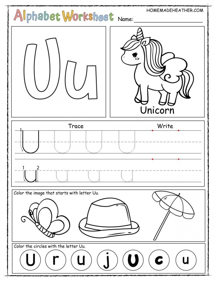 Engaging lowercase letter recognition worksheet featuring a unicorn theme for Pre-K students. Worksheet image for helping a unicorn locate lowercase u's in a fun learning activity.