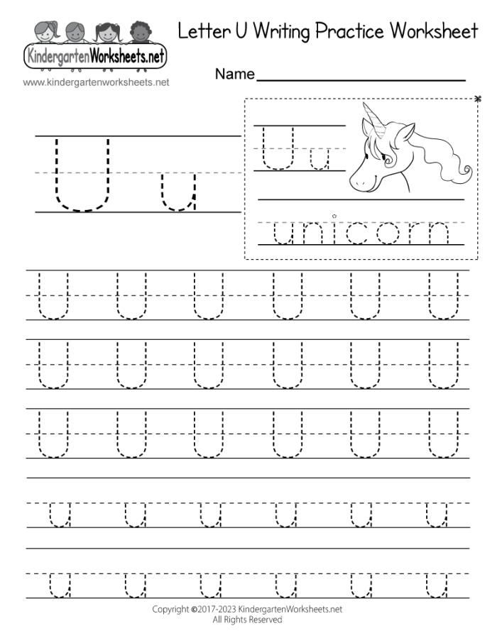 Find the Letter u: Lowercase worksheet with a playful unicorn theme A colorful worksheet featuring a unicorn searching for lowercase u's for Pre-K learners