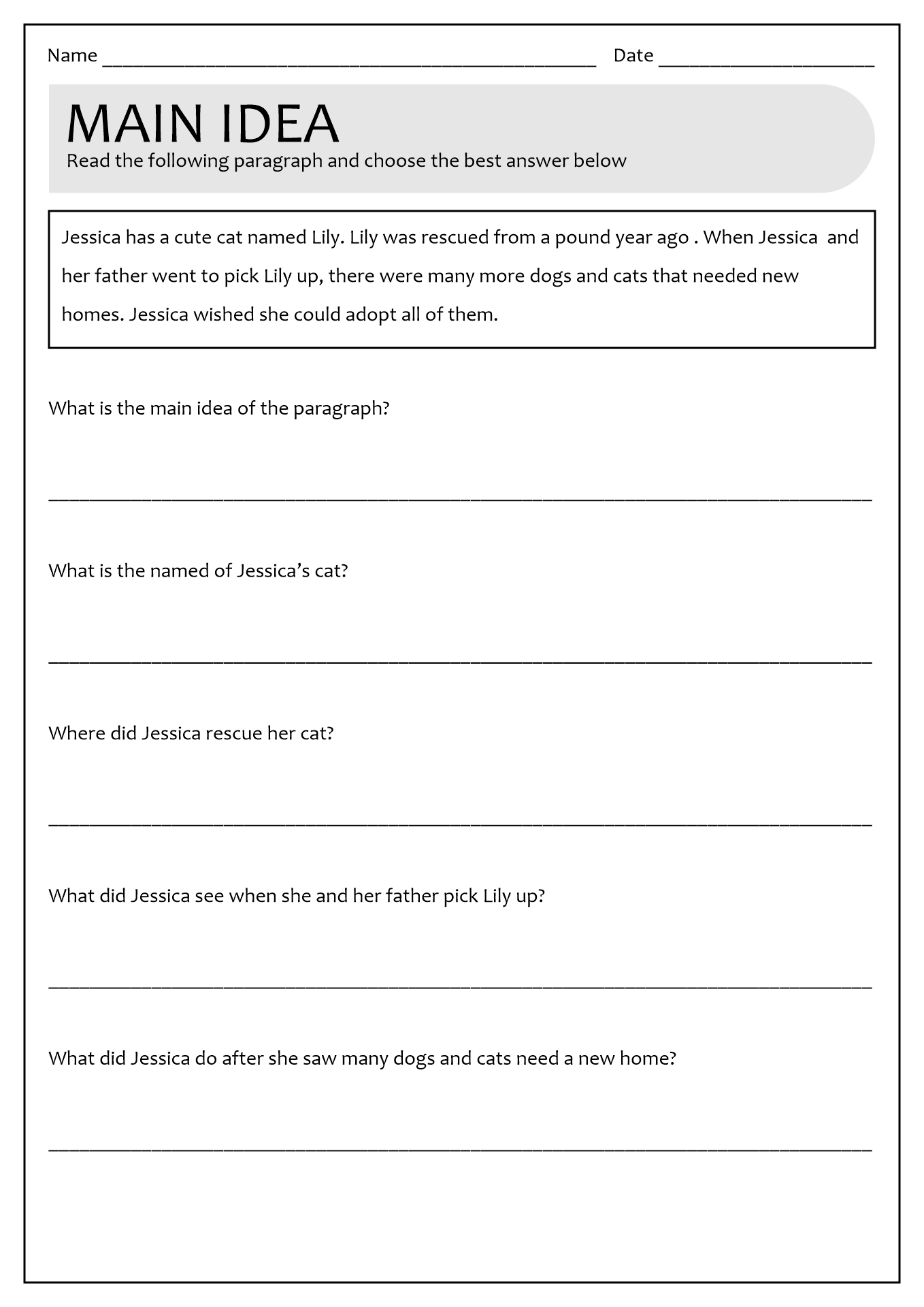 Fourth grade student completing a Find the Main Idea: The Moon literacy worksheet