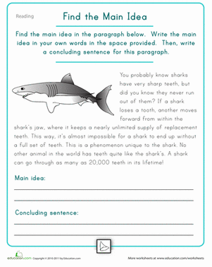 Shark-themed reading worksheet for third graders focusing on main ideas
