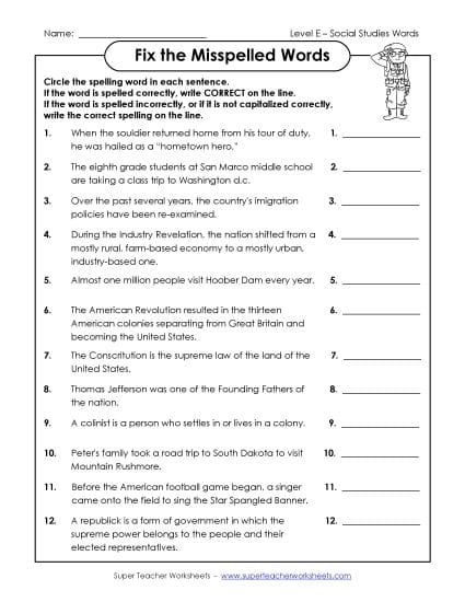 Find the Misspelled Words worksheet for third graders to enhance their spelling skills