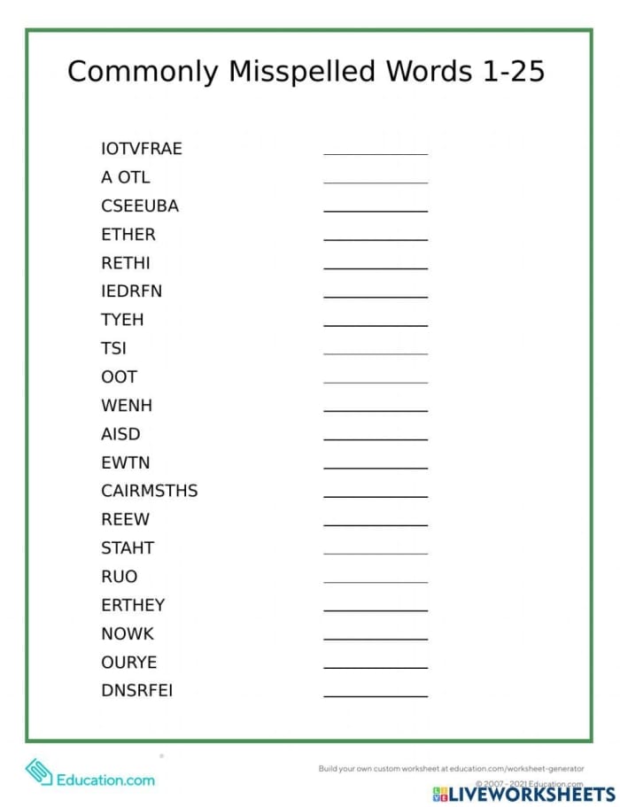 Find the Misspelled Words worksheet for third graders focusing on spelling skills