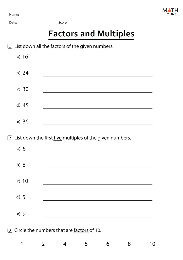 Fourth grade math worksheet for practicing finding multiples of whole numbers