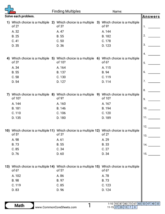 Fourth grade math worksheet showing multiplication problems where students identify multiples of whole numbers to develop number sense