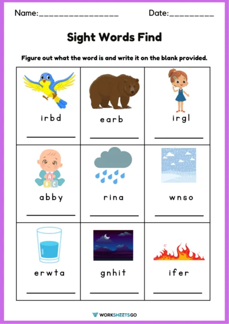 Pre-K worksheet where children color and decorate the sight word find to look like a silly creature