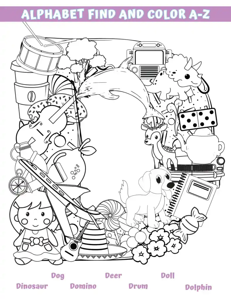 A fun "Find the Objects: Letter D" worksheet featuring a picnic scene with hidden Ds and dragonflies for kindergarteners. Discover the joys of learning the letter D with this delightful coloring activity.