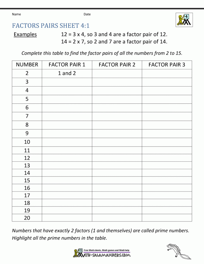 Find the Factors worksheet for fourth graders focusing on two-digit number factor pairs