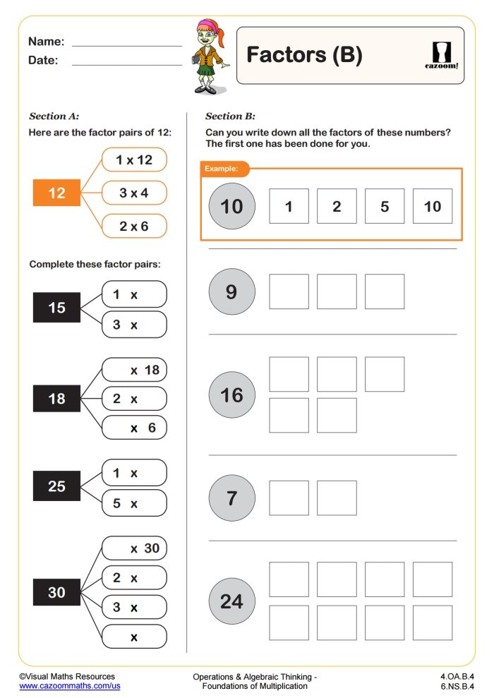 Find the Factors worksheet for fourth graders focusing on two-digit number factor pairs