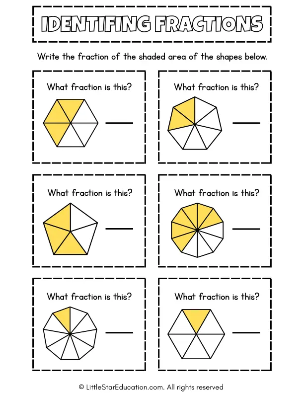 Worksheet for practicing fractions with groups of objects for second graders
