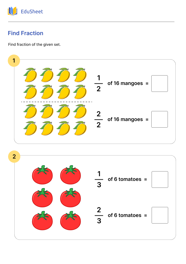 Worksheet for practicing fractions in second grade with groups of objects