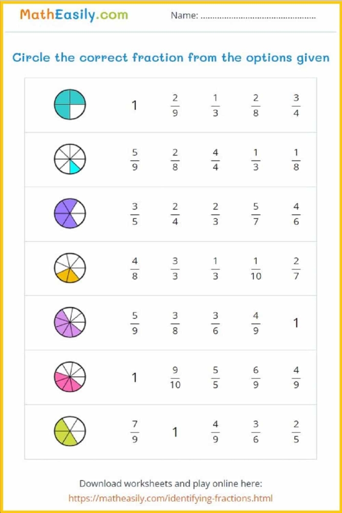Worksheet for practicing fractions with groups of objects for second graders