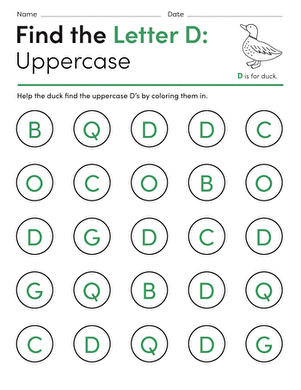 Worksheet helping children identify uppercase D's with a duck character in a fun learning activity