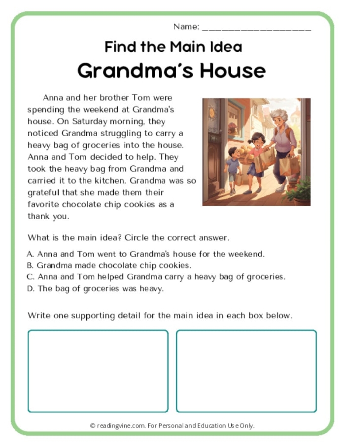 Fourth grade reading comprehension worksheet featuring an elephant theme to help students find the main idea