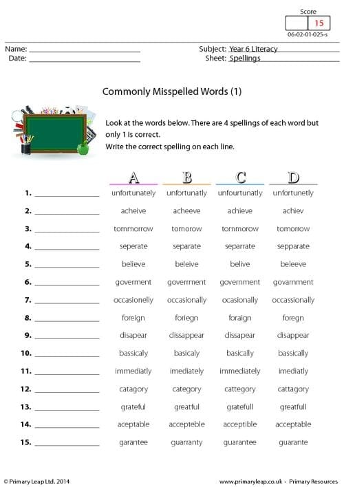 Third grade student completing a Find the Misspelled Words worksheet with a pencil