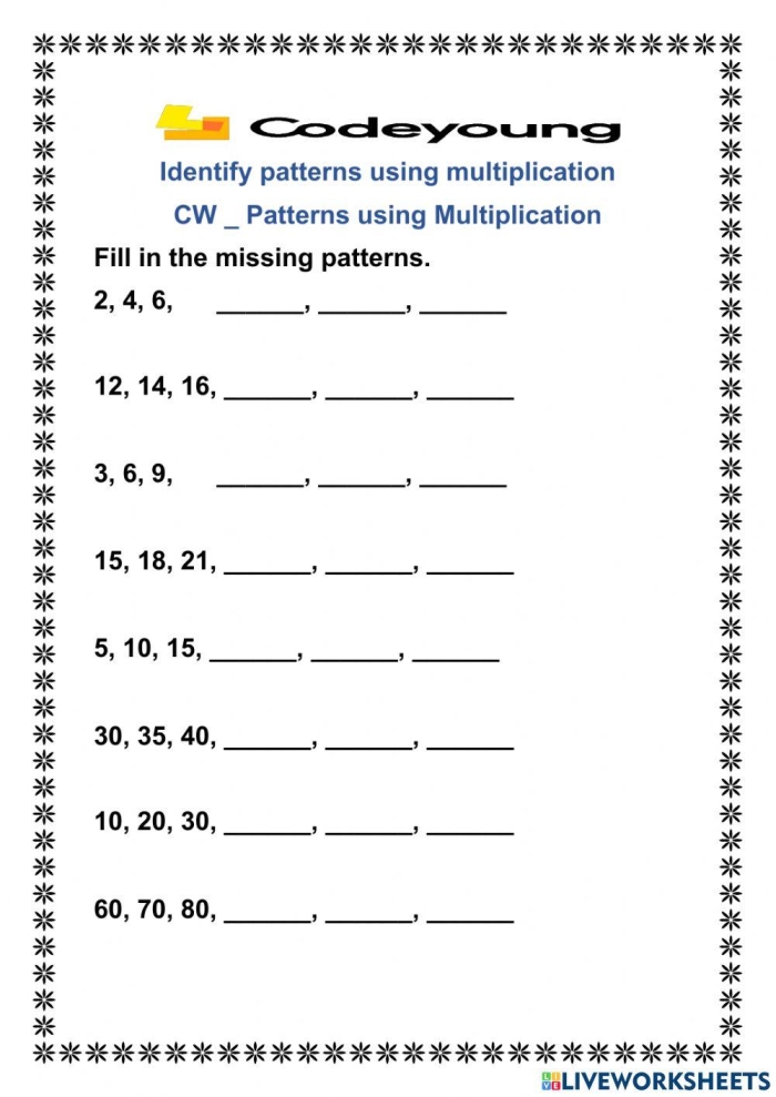 Third grade student using a multiplication chart to complete a Find the Patterns worksheet