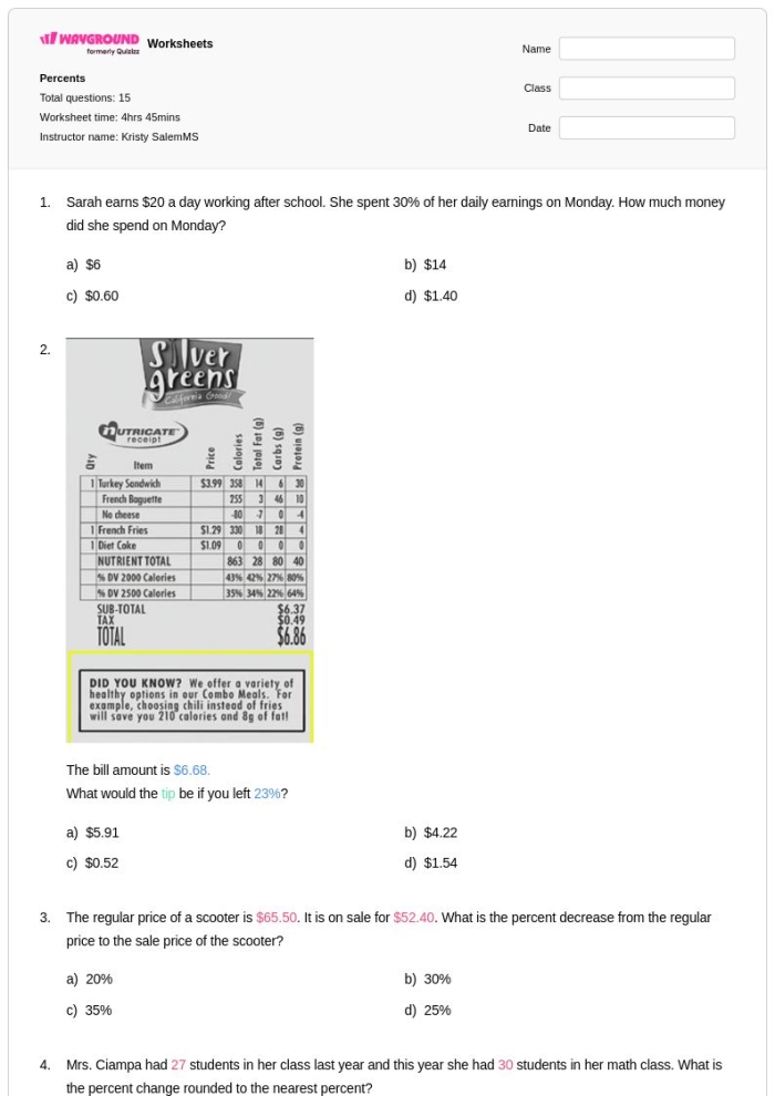 Sixth grade math worksheet for calculating the total value given a percentage and a part