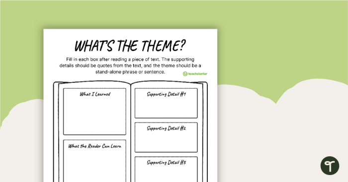 Flowchart worksheet helping fourth graders identify the theme of a fiction story