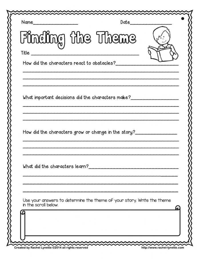 A flowchart diagram showing steps to identify the theme of a fictional story for fourth grade students