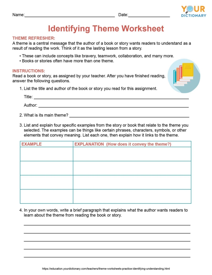 Find the Theme Flowchart worksheet for Fourth Grade