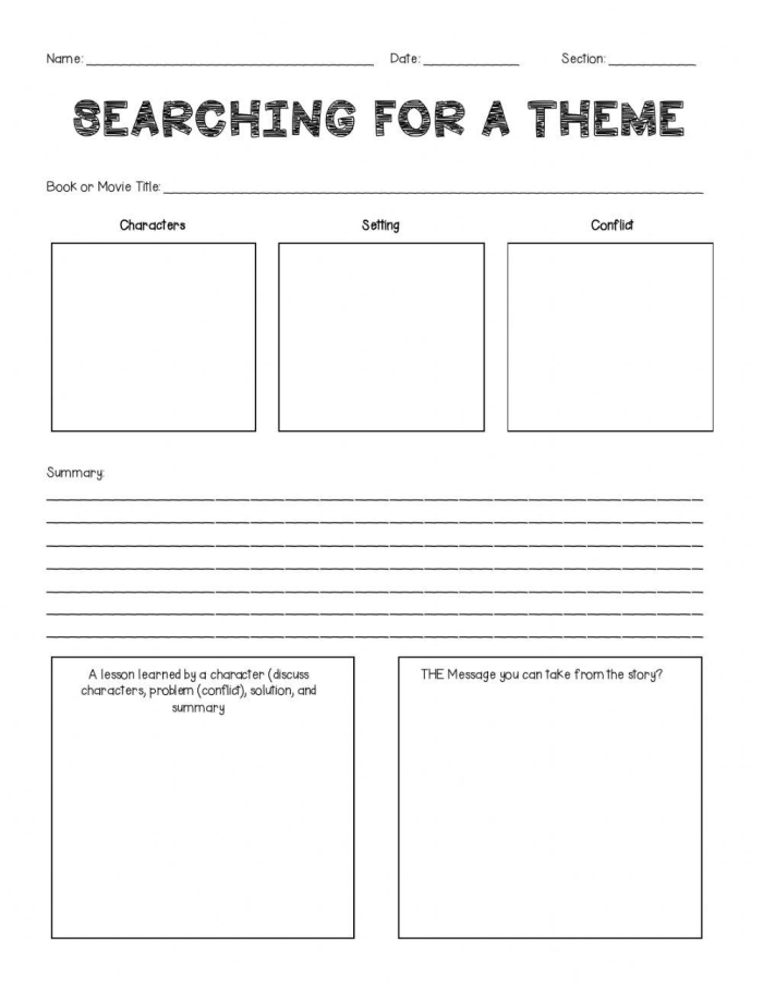 Fourth grade students use a simple flowchart worksheet to identify the main theme in fictional stories